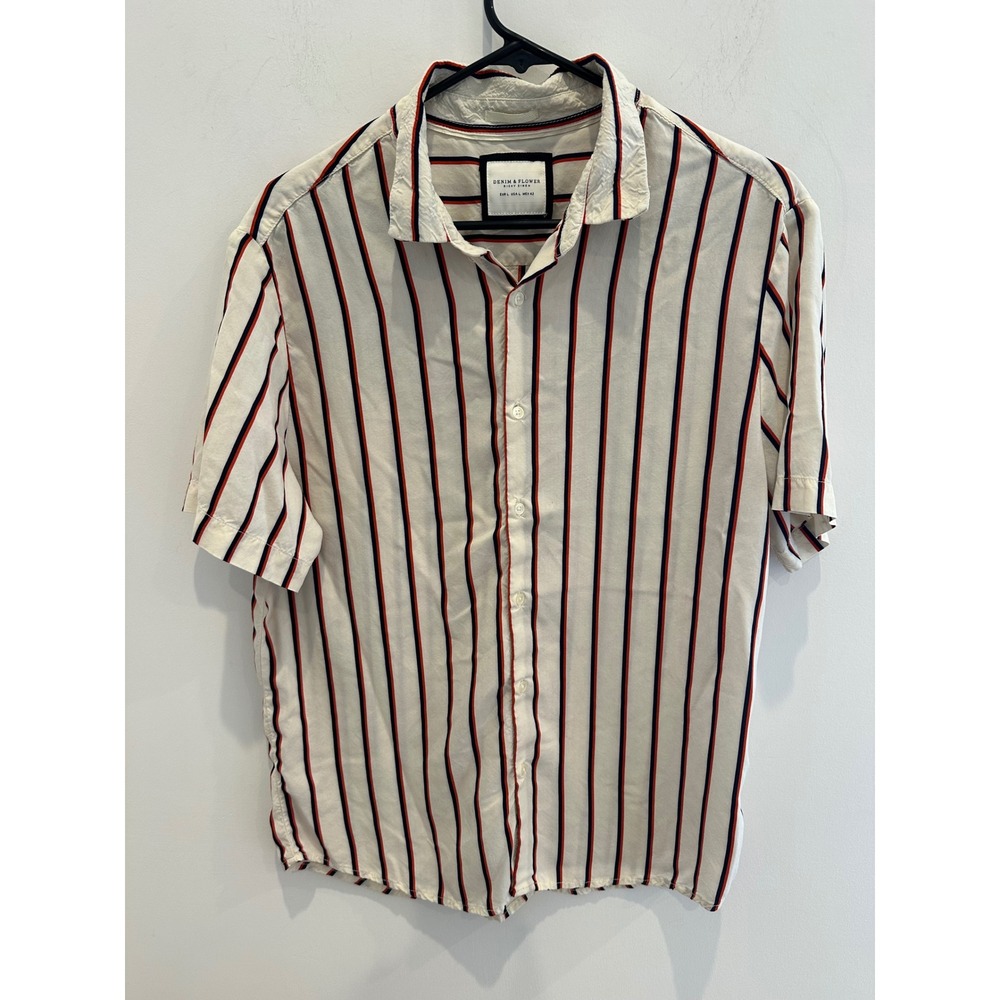 Denim & Flower Ricky Singh Mens L Short Sleeve Striped Button Up Shirt Red Blue